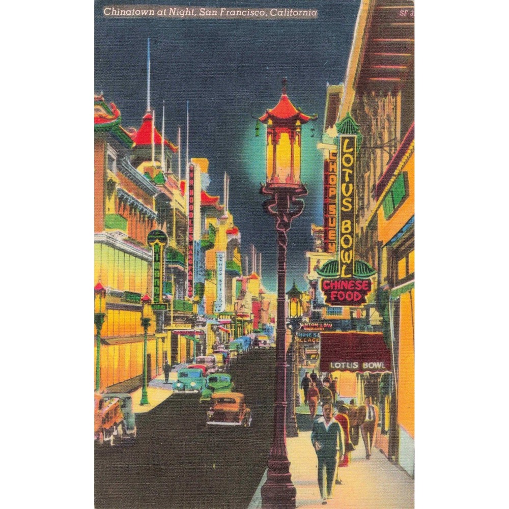Vintage Chinatown at Night San Francisco California Linen Postcard SF 3 K 8775